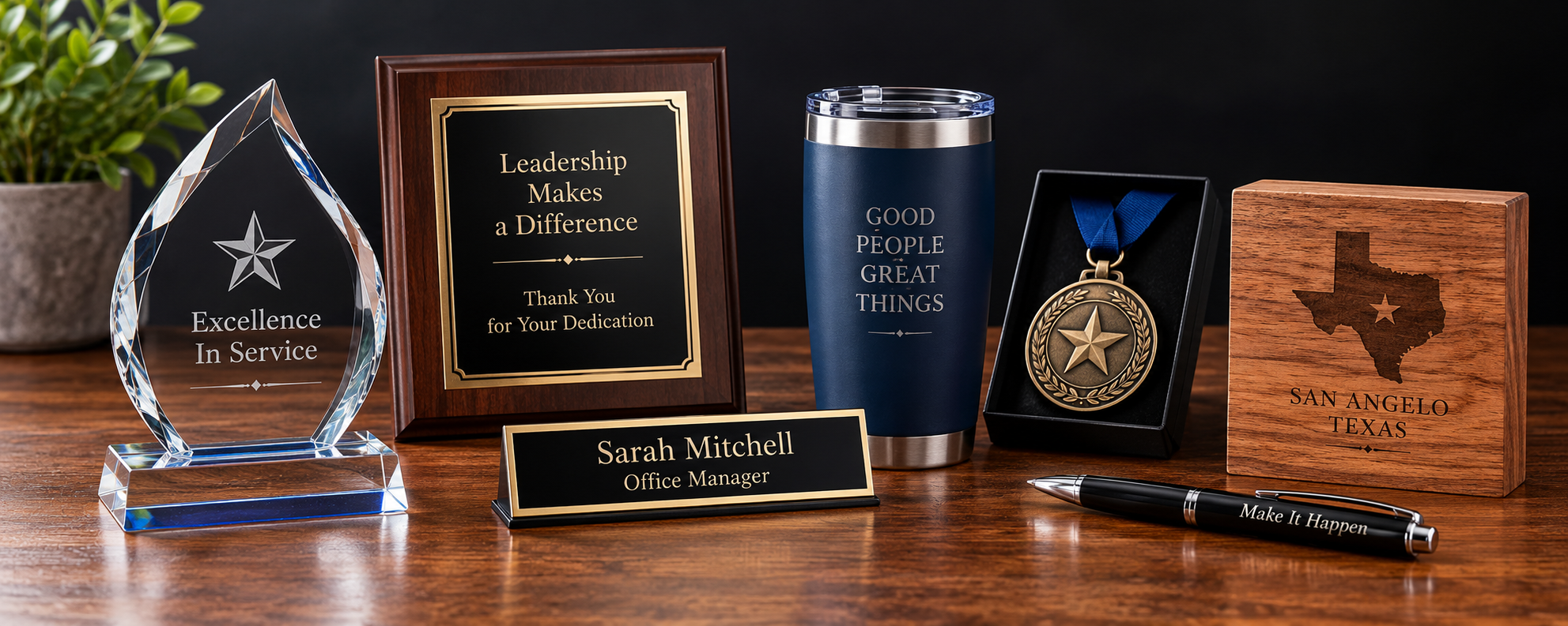 Custom engraved awards, plaques, tumblers, medals, nameplates and personalized gifts in San Angelo Texas